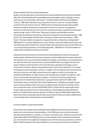 Empreendedorismo e Intra-Empreendedorismo 
Quadro: Contribuições para o entendimento do empreendedorismo Ano Autor Contribuição 
1961 Mc Clelland Identifica três necessidades do empreendedor: poder, afiliação e sucesso 
(sentir que se é reconhecido), e afirma que: “o empreendedor manifesta necessidade de 
sucesso”. 1966 Rotter Identifica o locus de controle interno e externo: “o empreendedor 
manifesta locus de controle interno”. 1970 Drucker O comportamento do empreendedor 
reflete uma espécie de desejo de uma pessoa em colocar sua carreira e sua segurança 
financeira na linha de frente e correr riscos em nome de uma idéia, investindo muito tempo e 
capital em algo incerto. 1973 Kirsner “Empresário é alguém que identifica e explora 
desequilíbrios existentes na Economia e está atento ao aparecimento de oportunidades”. 1982 
Casson “O empreendedor toma decisões criteriosas e coordena recursos escassos”. 1985 
Sexton “O empreendedor consegue ter uma grande tolerância e Bowman à ambigüidade”. 
1986 Bandura “O empreendedor procura a auto-eficácia: controle da ação humana através de 
convicções que cada indivíduo tem, para prosseguir autonomamente na procura de influenciar 
a sua envolvente para produzir os resultadosdesej ados”. 2002 William “O empreendedor é a 
máquina de inovação do livre Baumol mercado”. 
Enquanto os teóricos discutem os meandros do empreendedorismo, este vem alcançando 
desde projetos individuais (mesmo que envolvam o empreendedor apenas temporariamente) 
até tarefas maiores, que criam oportunidades de emprego, o que destaca a sua importância no 
mercado. Na cultura da vida americana, o empreendedorismo é visto largamente como um 
player integral e, particularmente, como um motor para a geração de empregos e para o 
crescimento econômico. Muitos empreendimentos de risco buscam capital de risco ou angel 
funding para levantar capital para construir o negócio. O termo angel vem de uma prática que 
ocorria no início dos anos 1900, quando homens de negócios muito ricos investiam nas 
produções da Broadway. Os angel investors são indivíduos que investem em negócios, além 
de um envolvimento mais profundo no negócio, um retorno maior do que obteriam se 
investissem em investimentos tradicionais, e que geralmente oscilam entre 20% a 30%. 
Grande parte desses investidores são empreendedores bem-sucedidos que desejam ajudar 
outros empreendedores a fazer com que seu negócio decole. Os valores investidos variam, 
mas usualmente situam-se entre US$150.000 e US$1,5 milhão. Muitas organizações atuais 
foram criadas para apoiar futuros empreendedores, incluindo agências especializadas do 
governo, incubadoras de empresas, parques científicos e algumas ONGs (Organizações Não - 
Governamentais). Uma pergunta pertinente, que permeia a história do empreendedorismo é: 
se ummercado existe, ele existe para o empreendedor? 
O empreendedor e o ego empreendedor 
Especialistas que estudam a personalidade empreendedora mostraram que certos traços 
parecem ser associados aos empreendedores. Cole (1959) apontou a existência de quatro 
tipos de empreendedores: o inovador, o inventor, o promotor super-otimista e o construtor de 
organização. McClelland (1961) descreveu o empreendedor como motivado primeiramente 
por uma irresistível necessidade de realização e por um forte impulso para construir. Collins e 
Moore (1970) estudaram 150 empreendedores e concluíram que eles são pessoas difíceis e 
 