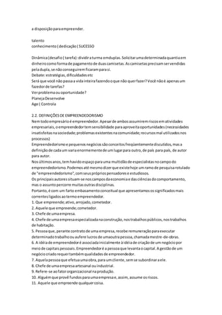 a disposição para empreender. 
talento 
conhecimento ( dedicação ( SUCESSO 
Dinâmica (desafio ( tarefa): dividir a turma emduplas. Solicitar uma determinada quantia em 
dinheiro como forma de pagamento de duas camisetas. As camisetas precisam ser vendidas 
pela dupla, se não conseguirem ficaram para si. 
Debate: estratégias, dificuldades etc 
Será que você não passa a vida inteira fazendo o que não quer fazer? Você não é apenas um 
fazedor de tarefas? 
Ver problema ou oportunidade? 
Planeja Desenvolve 
Age ( Controla 
2.2. DEFINIÇÕES DE EMPREENDEDORISMO 
Nem todo empresário é empreendedor. Apesar de ambos assumirem riscos em atividades 
empresariais, o empreendedor tem sensibilidade para aproveita oportunidades (necessidades 
insatisfeitas na sociedade; problemas existentes na comunidade; recursos mal utilizados nos 
processos) 
Empreendedorismo e pequenos negócios são conceitos freqüentemente discutidos, mas a 
definição de cada um varia enormemente de um lugar para outro, de país para país, de autor 
para autor. 
Nos últimos anos, tem havido espaço para uma multidão de especialistas no campo do 
empreendedorismo. Podemos até mesmo dizer que existe hoje um ramo de pesquisa rotulado 
de "empreendedorismo", com seus próprios pensadores e estudiosos. 
Os principais autores situam-se nos campos da economia e das ciências do comportamento, 
mas o assunto percorre muitas outras disciplinas. 
Portanto, é com um farto embasamento conceitual que apresentamos os significados mais 
correntes ligados ao termo empreendedor. 
1. Que empreende; ativo, arrojado, cometedor. 
2. Aquele que empreende; cometedor. 
3. Chefe de uma empresa. 
4. Chefe de uma empresa especializada na construção, nos trabalhos públicos, nos trabalhos 
de habitação. 
5. Pessoa que, perante contrato de uma empresa, recebe remuneração para executar 
determinado trabalho ou aufere lucros de umaoutra pessoa, chamada mestre-de-obras. 
6. A idéia de empreendedor é associada inicialmente à idéia de criação de um negócio por 
meio de capitais pessoais. Empreendedor é a pessoa que levanta o capital. A gestão de um 
negócio criado requer também qualidades de empreendedor. 
7. Aquela pessoa que efetua uma obra, para um cliente, sem se subordinar a ele. 
8. Chefe de uma empresa artesanal ou industrial. 
9. Refere-se ao fator organizacional na produção. 
10. Alguém que provê fundos para uma empresa e, assim, assume os riscos. 
11. Aquele que empreende qualquer coisa. 
 
