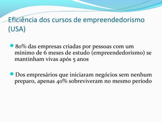 Eficiência dos cursos de empreendedorismo
(USA)

80% das empresas criadas por pessoas com um
 mínimo de 6 meses de estudo (empreendedorismo) se
 mantinham vivas após 5 anos

Dos empresários que iniciaram negócios sem nenhum
 preparo, apenas 40% sobreviveram no mesmo período
 