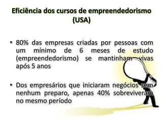 Eficiência dos cursos de empreendedorismo
(USA)
• 80% das empresas criadas por pessoas com
um mínimo de 6 meses de estudo
(empreendedorismo) se mantinham vivas
após 5 anos
• Dos empresários que iniciaram negócios sem
nenhum preparo, apenas 40% sobreviveram
no mesmo período
 