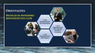 1 prof. 
departamento 
das línguas 
1 prof. 
departamento 
das ciências 
sociais e 
humanas 
1 prof. 
departamento 
de expressões 
ORIENTAÇÕES 
DEFINIÇÃO DE PROFESSORES 
RESPONSÁVEIS PELO CLUBE 
 