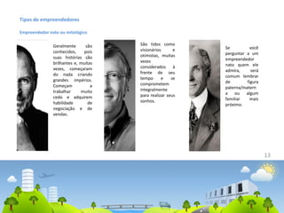 13
Tipos de empreendedores
Empreendedor nato ou mitológico
Geralmente são
conhecidos, pois
suas histórias são
brilhantes e, muitas
vezes, começaram
do nada criando
grandes impérios.
Começam a
trabalhar muito
cedo e adquirem
habilidade de
negociação e de
vendas.
São tidos como
visionários e
otimistas, muitas
vezes
considerados à
frente de seu
tempo e se
comprometem
integralmente
para realizar seus
sonhos.
Se você
perguntar a um
empreendedor
nato quem ele
admira, será
comum lembrar
de figura
paterna/matern
a ou algum
familiar mais
próximo.
 