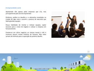 15
O empreendedor serial
Apaixonado não apenas pelas empresas que cria, mas
principalmente pelo ato de empreender.
Dinâmico, prefere os desafios e a adrenalina envolvidos na
criação de algo novo a assumir a postura de executivo que
lidera grandes equipes.
Possui habilidade de montar e motivar equipes, captar
recursos para o início do negócio e colocar a empresa em
funcionamento.
Envolve-se em vários negócios ao mesmo tempo e não é
incomum possuir muitas histórias de fracasso. Mas estas
servem de estímulo para a superação do próximo desafio.
 