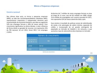 19
Micro e Pequenas empresas
Cenário nacional
Nos últimos doze anos, as micros e pequenas empresas
(MPE), ao lado dos microempreendedores individuais (MEI),
representaram importante e indispensável elemento para
movimentação da economia brasileira, que deve ao segmento
52% dos empregos formais e 40% da massa salarial. Com
crescimento significativo na última década, o setor influencia
de forma direta na geração de recursos e já representa 25%
do PIB nacional. Só em 2012, foram 891,7 mil empregos
criados.
Acréscimo de 7 milhões de novos empregos formais na área
ao longo de 11 anos, que de 8,6 milhões em 2000, atingiu
15,6 milhões de empregados com carteira assinada em 2011.
Isso representa 52% da massa salarial de todo o país.
Esse cenário é resultado de políticas sociais de redistribuição
de renda e de valorização do salário mínimo, expansão do
crédito e incorporação de um grande contingente de
população ao mercado de trabalho e de consumo, o que
aumenta a taxa de sobrevivência das empresas no mercado.
 