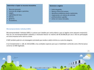 25
Determinar e Captar os recursos necessários
• Recursos pessoais;
• recursos de amigos e parentes;
• angels;
• capitalistas de risco;
• bancos;
• governo;
• incubadoras.
Gerenciar o negócio
• Estilo de gestão;
• fatores críticos de sucesso;
• identificar problemas atuais e potenciais;
• implementar um sistema de controle;
• profissionalizar a gestão;
• entrar em novos mercados.
Microempreendedor individual (MEI)
Microempreendedor Individual (MEI) é a pessoa que trabalha por conta própria e que se legaliza como pequeno empresário.
Para ser um microempreendedor individual, é necessário faturar no máximo até R$ 60.000,00 por ano e não ter participação
em outra empresa como sócio ou titular.
O MEI também pode ter um empregado contratado que receba o salário mínimo ou o piso da categoria.
A Lei Complementar n. 128, de 19/12/2008, criou condições especiais para que o trabalhador conhecido como informal possa
se tornar um MEI legalizado.
 