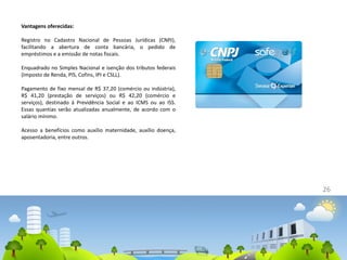 26
Vantagens oferecidas:
Registro no Cadastro Nacional de Pessoas Jurídicas (CNPJ),
facilitando a abertura de conta bancária, o pedido de
empréstimos e a emissão de notas fiscais.
Enquadrado no Simples Nacional e isenção dos tributos federais
(Imposto de Renda, PIS, Cofins, IPI e CSLL).
Pagamento de fixo mensal de R$ 37,20 (comércio ou indústria),
R$ 41,20 (prestação de serviços) ou R$ 42,20 (comércio e
serviços), destinado à Previdência Social e ao ICMS ou ao ISS.
Essas quantias serão atualizadas anualmente, de acordo com o
salário mínimo.
Acesso a benefícios como auxílio maternidade, auxílio doença,
aposentadoria, entre outros.
 