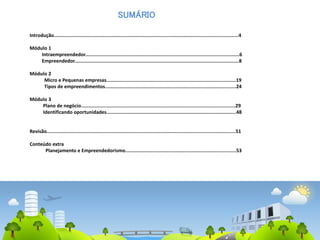 SUMÁRIO
Introdução................................................................................................................................4
Módulo 1
Intraempreendedor...........................................................................................................6
Empreendedor..................................................................................................................8
Módulo 2
Micro e Pequenas empresas..........................................................................................19
Tipos de empreendimentos...........................................................................................24
Módulo 3
Plano de negócio...........................................................................................................29
Identificando oportunidades..........................................................................................48
Revisão...................................................................................................................................51
Conteúdo extra
Planejamento e Empreendedorismo.............................................................................53
 