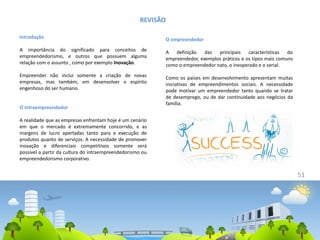 51
Introdução
A importância do significado para conceitos de
empreendedorismo, e outros que possuem alguma
relação com o assunto , como por exemplo Inovação.
Empreender não inclui somente a criação de novas
empresas, mas também, em desenvolver o espírito
engenhoso do ser humano.
O intraempreendedor
A realidade que as empresas enfrentam hoje é um cenário
em que o mercado é extremamente concorrido, e as
margens de lucro apertadas tanto para e execução de
produtos quanto de serviços. A necessidade de promover
inovação e diferenciais competitivos somente será
possível a partir da cultura do intraempreendedorismo ou
empreendedorismo corporativo.
REVISÃO
O empreendedor
A definição das principais características do
empreendedor, exemplos práticos e os tipos mais comuns
como o empreendedor nato, o inesperado e o serial.
Como os países em desenvolvimento apresentam muitas
iniciativas de empreendimentos sociais. A necessidade
pode motivar um empreendedor tanto quando se tratar
de desemprego, ou de dar continuidade aos negócios da
família.
 