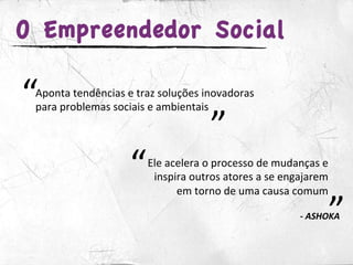 O Empreendedor Social

“Aponta	
  tendências	
  e	
  traz	
  soluções	
  inovadoras	
  
 para	
  problemas	
  sociais	
  e...