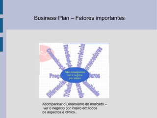 Business Plan – Fatores importantes  Acompanhar o Dinamismo do mercado – ver o negócio por inteiro em todos os aspectos é crítico..  