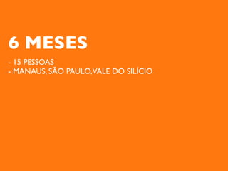 6 MESES
- 15 PESSOAS
- MANAUS, SÃO PAULO,VALE DO SILÍCIO
 
