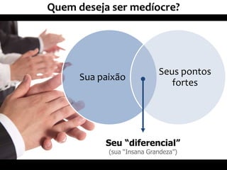Sua paixão
Seus pontos
fortes
Quem deseja ser medíocre?
Seu “diferencial”
(sua “Insana Grandeza”)
 
