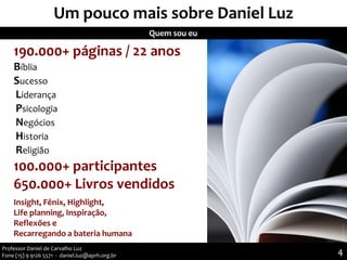 190.000+ páginas / 22 anos
Bíblia
Sucesso
Liderança
Psicologia
Negócios
Historia
Religião
100.000+ participantes
650.000+ Livros vendidos
Insight, Fênix, Highlight,
Life planning, Inspiração,
Reflexões e
Recarregando a bateria humana
Quem sou eu
Professor Daniel de Carvalho Luz
Fone (15) 9 9126 5571 - daniel.luz@aprh.org.br 4
Um pouco mais sobre Daniel Luz
 
