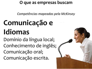 O que as empresas buscam
Comunicação e
Idiomas
Domínio da língua local;
Conhecimento de inglês;
Comunicação oral;
Comunicação escrita.
Competências mapeadas pela McKinsey
45
 