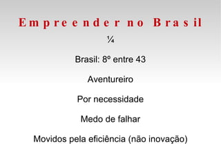 Empreender no Brasil ¼ Brasil: 8º entre 43 Aventureiro Por necessidade Medo de falhar Movidos pela eficiência (não inovação) 