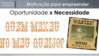 Empreender
com sucesso Motivação para empreender
Oportunidade x Necessidade
 