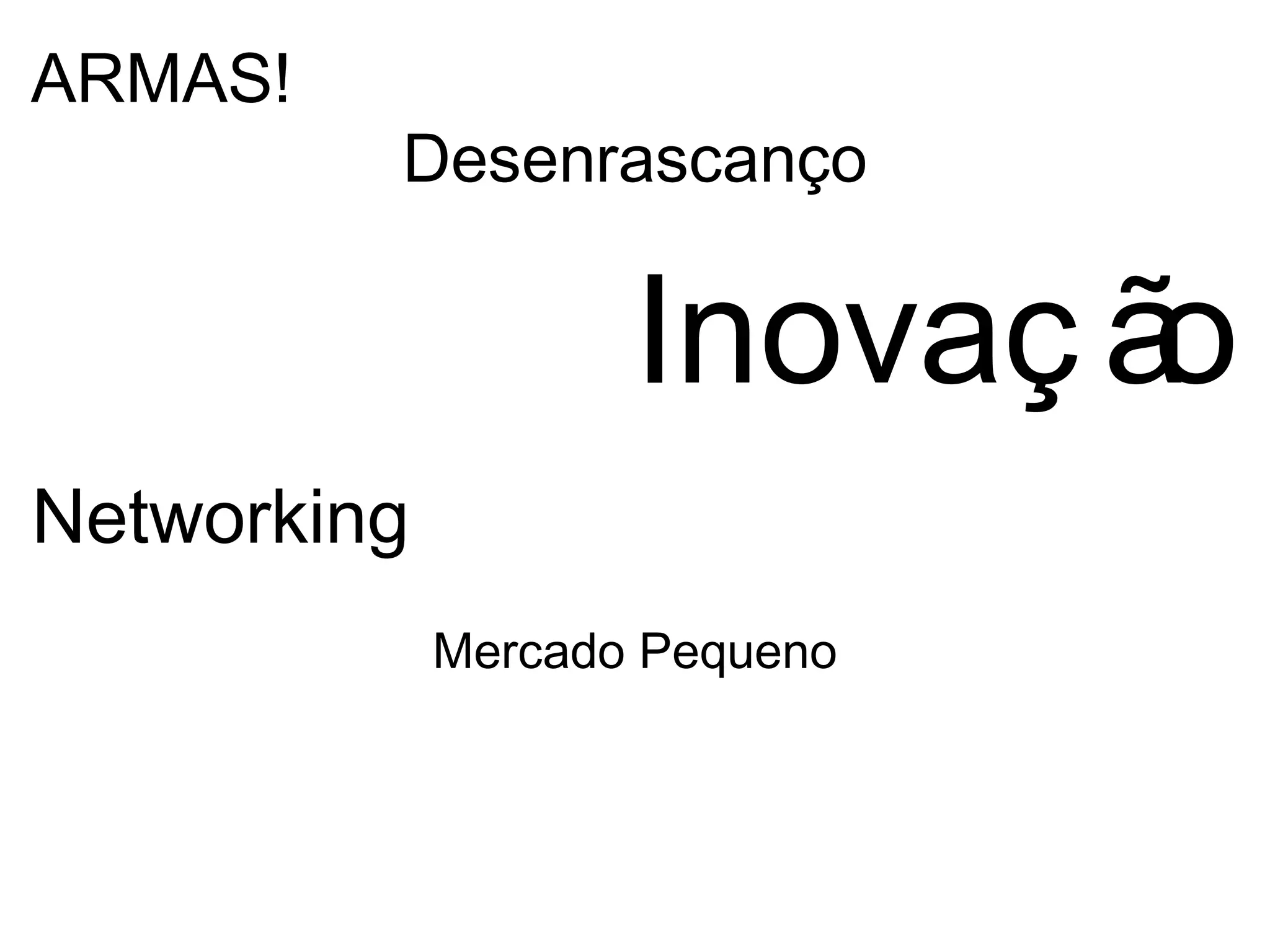 ARMAS!
         Desenrascanço


                    Inovaç ão
Networking
             Mercado Pequeno
 