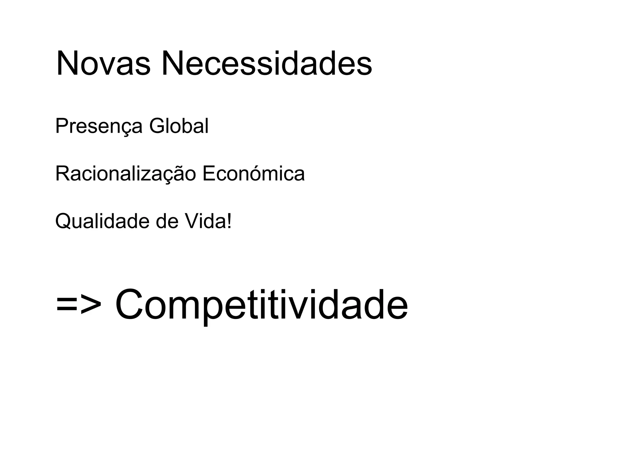 Novas Necessidades
Presença Global

Racionalização Económica

Qualidade de Vida!



=> Competitividade
 