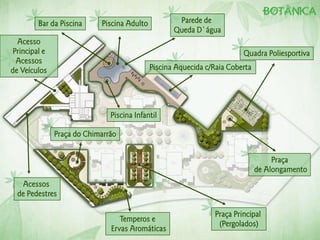 Acessos
de Pedestres
Acesso
Principal e
Acessos
de Veículos
Piscina AdultoBar da Piscina
Piscina Infantil
Piscina Aquecida c/Raia Coberta
Parede de
Queda D`água
Quadra Poliesportiva
Praça
de Alongamento
Temperos e
Ervas Aromáticas
Praça do Chimarrão
Praça Principal
(Pergolados)
 