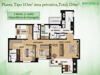 Planta Tipo 113m² área privativa,Total 218m²
3 dorms. (1 suíte)
Dependência de Empregada
 