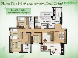 Planta Tipo 143m² área privativa,Total 268m²
4 dorms. (1 suíte)
Dependência de Empregada
 