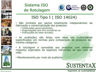 ISO Tipo I ( ISO 14024) São emitidos por partes totalmente independentes da fabricação e comercialização dos produtos Instituições governamentais, Organizações sem fins lucrativos ou Instituições do setor privado; As avaliações são feitas com base em multicritérios especificados em normas para comparação de produtos da  mesma categoria; A rotulagem é concedida aos produtos com menores impactos esperados de aspectos relevantes de seu ciclo de vida; Monitoramento por meio de auditoria.  Sistema ISO de Rotulagem 