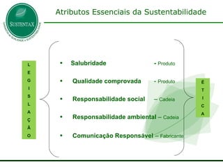 Salubridade    -  Produto Qualidade comprovada    -  Produto Responsabilidade social    –  Cadeia Responsabilidade ambiental  –  Cadeia Comunicação Responsável  –  Fabricante   L E G I S L A Ç Ã O É T I C A Atributos Essenciais da Sustentabilidade 