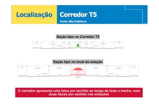 Localização             Corredor T5
                         Fonte: Site Prefeitura




                               SEÇÃO TIPO NO CORREDOR T5

                       Seção tipo no Corredor T5




                     Seção tipo no local da estação
                             SEÇÃO TIPO NO LOCAL DA ESTAÇÃO




O corredor apresenta uma faixa por sentido ao longo de todo o trecho, com
                  duas faixas por sentido nas estações
 
