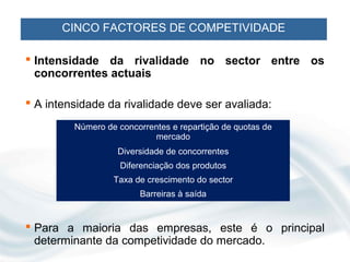 CINCO FACTORES DE COMPETIVIDADE

 Intensidade da rivalidade no sector entre os
  concorrentes actuais

 A intensidade da rivalidade deve ser avaliada:
         Número de concorrentes e repartição de quotas de
                           mercado
                   Diversidade de concorrentes
                    Diferenciação dos produtos
                  Taxa de crescimento do sector
                        Barreiras à saída


 Para a maioria das empresas, este é o principal
  determinante da competividade do mercado.
 