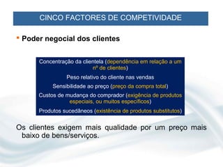 CINCO FACTORES DE COMPETIVIDADE

 Poder negocial dos clientes


      Concentração da clientela (dependência em relação a um
                          nº de clientes)
                Peso relativo do cliente nas vendas
           Sensibilidade ao preço (preço da compra total)
      Custos de mudança do comprador (exigência de produtos
                 especiais, ou muitos específicos)
      Produtos sucedâneos (existência de produtos substitutos)


Os clientes exigem mais qualidade por um preço mais
 baixo de bens/serviços.
 