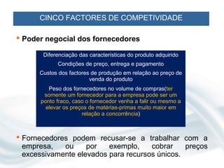 CINCO FACTORES DE COMPETIVIDADE

 Poder negocial dos fornecedores

       Diferenciação das características do produto adquirido
            Condições de preço, entrega e pagamento
      Custos dos factores de produção em relação ao preço de
                         venda do produto
         Peso dos fornecedores no volume de compras(ter
       somente um fornecedor para a empresa pode ser um
      ponto fraco, caso o fornecedor venha a falir ou mesmo a
        elevar os preços de matérias-primas muito maior em
                      relação a concorrência)



 Fornecedores podem recusar-se a trabalhar com a
  empresa,   ou     por   exemplo,    cobrar    preços
  excessivamente elevados para recursos únicos.
 