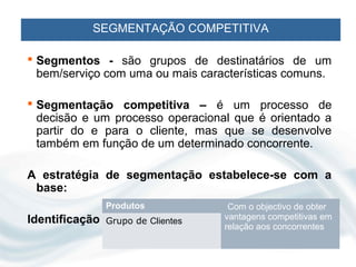 SEGMENTAÇÃO COMPETITIVA

 Segmentos - são grupos de destinatários de um
  bem/serviço com uma ou mais características comuns.

 Segmentação competitiva – é um processo de
  decisão e um processo operacional que é orientado a
  partir do e para o cliente, mas que se desenvolve
  também em função de um determinado concorrente.

A estratégia de segmentação estabelece-se com a
 base:
                Produtos             Com o objectivo de obter
Identificação   Grupo de Clientes   vantagens competitivas em
                                    relação aos concorrentes
 