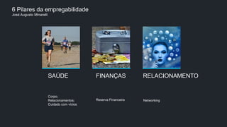 SAÚDE FINANÇAS RELACIONAMENTO
Corpo;
Relacionamentos;
Cuidado com vícios
Reserva Financeira Networking
6 Pilares da empregabilidade
José Augusto Minarelli
 