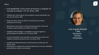 2
José Augusto Minarelli
1.944
Educardor,
Escritor
Empresário
Obras
o Empregabilidade: Como entrar, permanecer e progredir no
mercado de trabalho. 27ª. Ed. Gente, 1995
o Trabalhar por conta própria: Como preparar-se para empreender seu
voo solo. Ed. Gente, 1997
o Venda seu Peixe: como ser eficaz na venda dos seus serviços
profissionais. Ed. Gente
o Networking: Como utilizar a rede de relacionamentos na busca de
emprego e oportunidades de trabalho. Ed. Gente
o Inteligência Mercadológica: A inteligência que gera negócios e
oportunidades de trabalho. 13ª. Ed. Gente, 2009
o Carreira Sustentável: Como enfrentar as transições de carreira e ter
trabalho e renda dos 18 aos 81 anos. Ed. Gente, 2010
o Superdicas de Networking para sua vida pessoal e profissional. Ed.
Saraiva, 2010
o Participação na coletânea de memórias Aprendi com meu pai, idealizada
pelo jornalista e editor Luís Colombini.
 