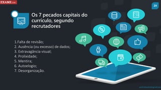 29
prof.mlcastro@gmail.com
Os 7 pecados capitais do
currículo, segundo
recrutadores
1.Falta de revisão;
2. Ausência (ou excesso) de dados;
3. Extravagância visual;
4. Prolixidade;
5. Mentira;
6. Autoelogio;
7. Desorganização.
 