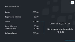62
prof.mlcastro@gmail.com
Cartão de Crédito
Fatura
Pagamento mínimo
Saldo
Juros 10% a.m.
Taxas 2% a.m.
Próxima fatura
550,00
50,00
500,00
50,00
10,00
560,00
Juros de 60,00 = 12%
Na poupança teria rendido
R$ 3,00
 