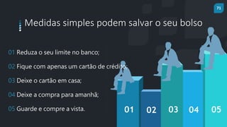 71
prof.mlcastro@gmail.com
Medidas simples podem salvar o seu bolso
01 02 03 04 05
01 Reduza o seu limite no banco;
02 Fique com apenas um cartão de crédito;
03 Deixe o cartão em casa;
04 Deixe a compra para amanhã;
05 Guarde e compre a vista.
 