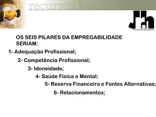OS SEIS PILARES DA EMPREGABILIDADE
SERIAM:
1- Adequação Profissional;
2- Competência Profissional;
3- Idoneidade;
4- Saúde Física e Mental;
5- Reserva Financeira e Fontes Alternativas;
6- Relacionamentos;
 