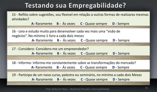 15 - Reflito sobre sugestões, sou flexível em relação a outras formas de realizaras mesmas
atividades?
A- Raramente B - Ás vezes C - Quase sempre D - Sempre
16 - Leio e estudo muito para desenvolver cada vez mais uma “visão de
negócios”. No mínimo 1 livro a cada dois meses
A- Raramente B - Ás vezes C - Quase sempre D - Sempre
17 - Considero- Considero-me um empreendedor?
A- Raramente B - Ás vezes C - Quase sempre

D - Sempre

18 - Informo- Informo-me constantemente sobre as transformações do mercado?
A- Raramente B - Ás vezes C - Quase sempre D - Sempre

19 - Participo de um novo curso, palestra ou seminário, no mínimo a cada dois Meses
A- Raramente B - Ás vezes C - Quase sempre D - Sempre
Prof. Anderson Paiva - Marketing Pessoal e Empregabilidade

10

 