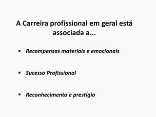A Carreira profissional em geral está
associada a...
 Recompensas materiais e emocionais
 Sucesso Profissional
 Reconhecimento e prestígio
 