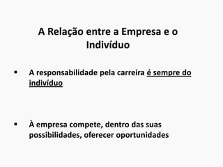 A Relação entre a Empresa e o
Indivíduo
 A responsabilidade pela carreira é sempre do
indivíduo
 À empresa compete, dentro das suas
possibilidades, oferecer oportunidades
 
