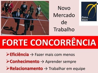 Novo
                      Mercado
                         de
                      Trabalho

FORTE CONCORRÊNCIA
Eficiência → Fazer mais com menos
Conhecimento → Aprender sempre
Relacionamento → Trabalhar em equipe
 
