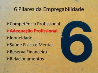 6 Pilares da Empregabilidade

Competência Profissional
Adequação Profissional
Idoneidade
Saúde Física e Mental
Reserva Financeira
Relacionamentos
 