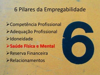6 Pilares da Empregabilidade

Competência Profissional
Adequação Profissional
Idoneidade
Saúde Física e Mental
Reserva Financeira
Relacionamentos
 
