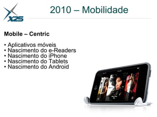 Mobile – Centric
• Aplicativos móveis
• Nascimento do e-Readers
• Nascimento do iPhone
• Nascimento do Tablets
• Nascimento do Android
2010 – Mobilidade
 