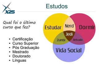 Estudos
● Certificação
● Curso Superior
● Pós Graduação
● Mestrado
● Doutorado
● Línguas
Qual foi o último
curso que fez?
 