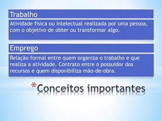 Trabalho
Atividade física ou intelectual realizada por uma pessoa,
com o objetivo de obter ou transformar algo.

Emprego
Relação formal entre quem organiza o trabalho e que
realiza a atividade. Contrato entre o possuidor dos
recursos e quem disponibiliza mão-de-obra.

*

 