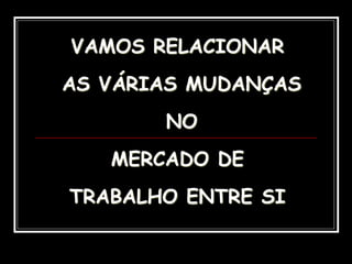 VAMOS RELACIONAR
AS VÁRIAS MUDANÇAS
NO
MERCADO DE
TRABALHO ENTRE SI
 