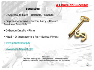 A Chave do Sucesso!
                    Sugestões:

• O Segredo de Luiza – Dolabela, Fernando;

• Empreendedorismo – Burton, Larry – Harvard
Bussiness Essentials

• O Grande Desafio - Filme

• Mauá – O Imperador e o Rei – Europa Filmes;

• www.endeavor.org.br

• www.pmgee.blogspot.com


                                            Bibliografia:
                  Minarelli, Jose Augusto – Empregabilidade Caminho das Pedras
               Chiavenato, Idalberto – Talento e Empregabilidade – Inst. Chiavenato


                                                                                      26
 