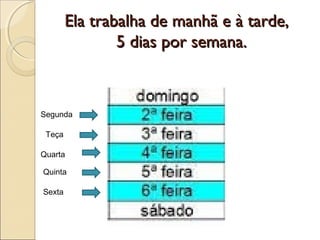 Ela trabalha de manhã e à tarde,Ela trabalha de manhã e à tarde,
5 dias por semana.5 dias por semana.
Segunda
Teça
Quarta
Quinta
Sexta
 